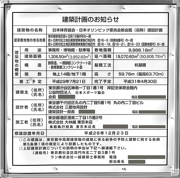 日本体育協会・日本オリンピック委員会新会館(仮称)　建設計画の建築計画のお知らせ