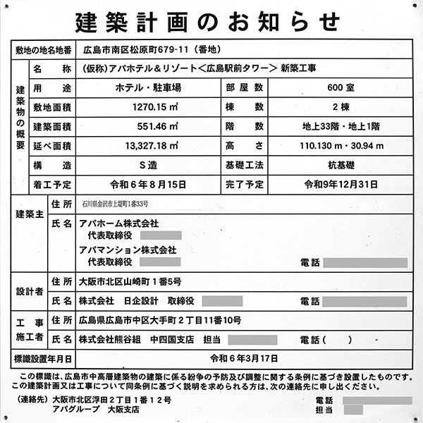 (仮称)アパホテル＆リゾート〈広島駅前タワー〉の建築計画のお知らせ