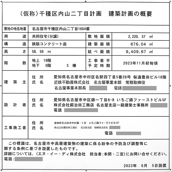 (仮称)千種区内山二丁目計画の建築計画のお知らせ