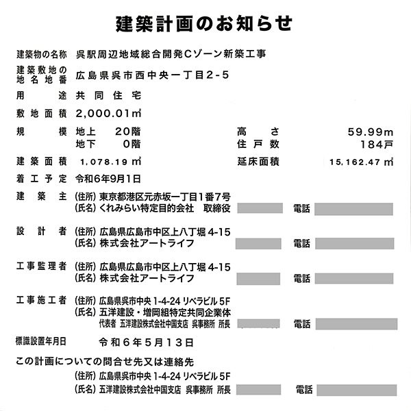 呉駅周辺地域総合開発の建築計画のお知らせ