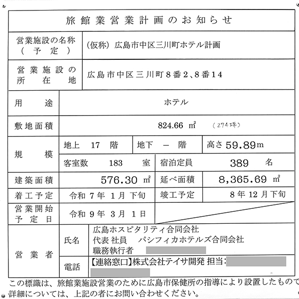 コートヤード・バイ・マリオット広島の旅館業営業計画のお知らせ