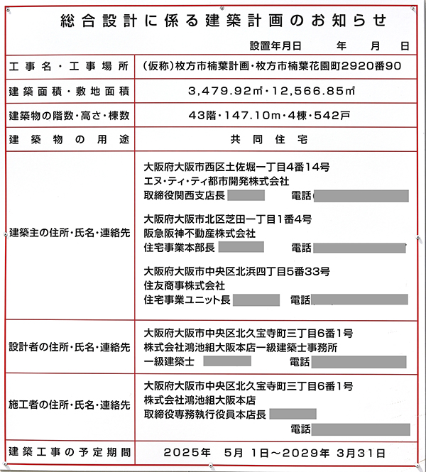 (仮称)枚方市楠葉計画の総合設計に係る建築計画のお知らせ